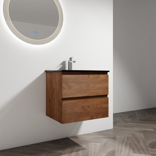 English Elm 24" Wall-Mounted Bathroom Vanity With Black Ceramic Sink & 2 Soft-Close Drawers For Stylish Storage W999S00193