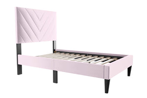 English Elm 1pc Twin Platform Bed Velvet Upholstered Adjustable Headboard V-stitch Blush Bedroom Light Pink B011P415213