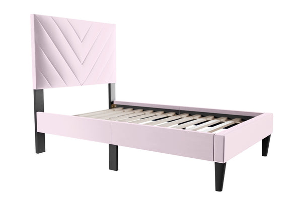 English Elm 1pc Twin Platform Bed Velvet Upholstered Adjustable Headboard V-stitch Blush Bedroom Light Pink B011P415213