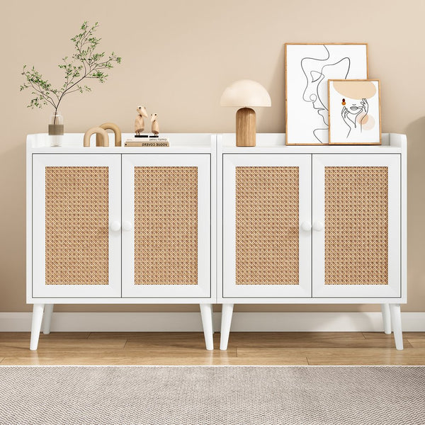 English Elm Sideboard Rattan Door Buffet Cabinet with Baffle Edge, Spacious Storage Credenza for Dining Hallway White T3623P381054