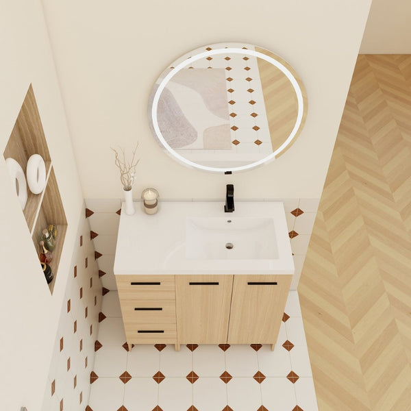 English Elm 36" Floating Bathroom Vanity Light Oak Modular Cabinet with Gel Coat Integrated Sink W3450S00104