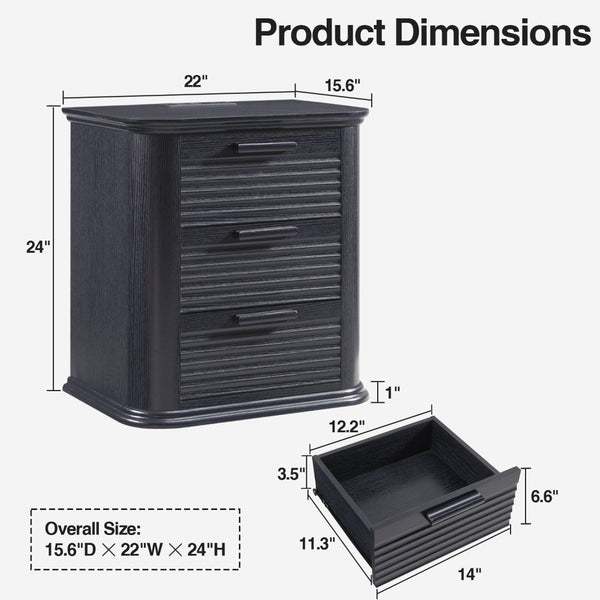 English Elm 22" Fluted Wood Nightstand with Built-in Charging Station Three Drawer Bedside Storage Black Woodgrain T5326P431147