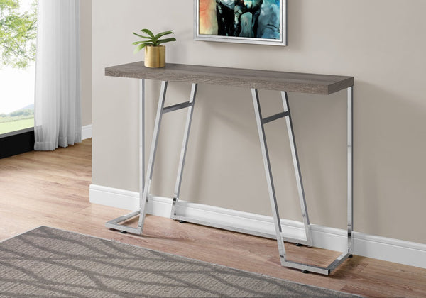 English Elm Accent Modern Console Table with Taupe Wood-Look Top and Chrome Angular Legs for Small Spaces taupe 52 L x 15 W x 6 H B2710P219212