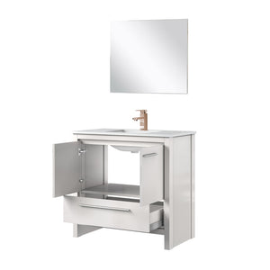 English Elm White Bath Vanity Set With Cultured Marble Top, Rose Gold Faucet & 28” Mirror For Elegant Spaces B2731S02082-GIGA