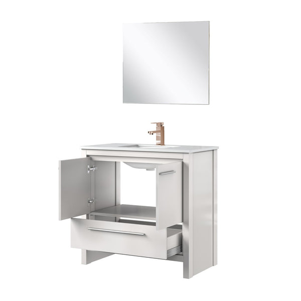 English Elm White Bath Vanity Set With Cultured Marble Top, Rose Gold Faucet & 28” Mirror For Elegant Spaces B2731S02082-GIGA