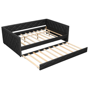 English Elm Full XL Upholstered Daybed with Trundle and Built-In LED Lighting, Tufted Arms, Solid Wood Frame Black N7090000611B