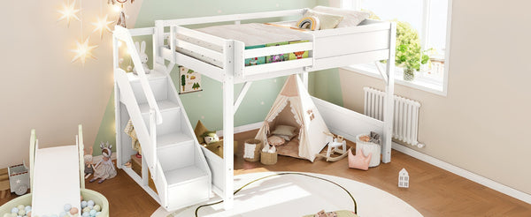 English Elm Twin Low Loft Bed Solid Pine Frame Kids Study Desk Blackboard Storage White Light White W1580S00468