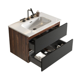 English Elm Gloria Floating Bathroom Vanity Walnut Two-tone Ceramic Sink Modern Storage Cabinet W1865S00199