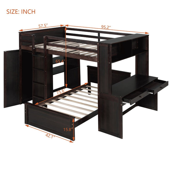 English Elm Full Twin Loft Bed with Desk Wardrobe Shelves Pine Wood Frame Kids Bedroom Espresso LT000821AAP-1