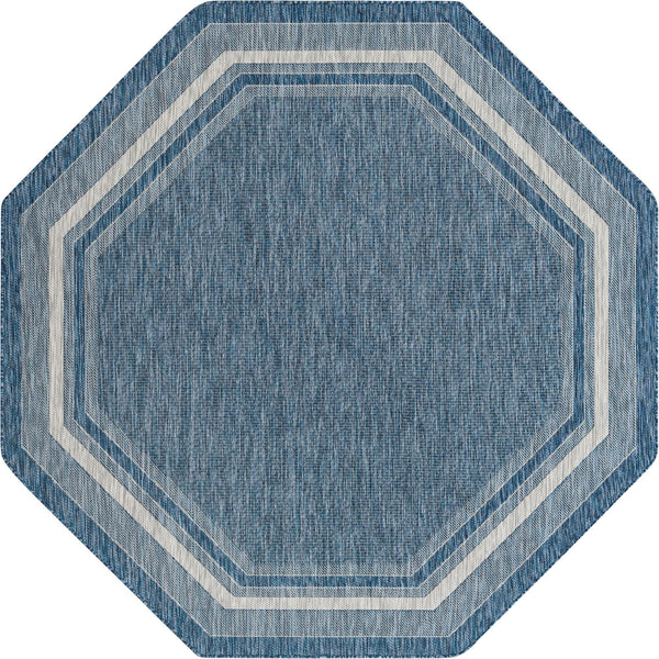 Unique Loom Outdoor Border Soft Border Machine Made Border Rug Blue, Ivory/Gray 7' 10" x 7' 10"