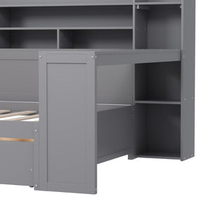 English Elm Wooden Twin Daybed with Trundle Built-in Desk and Open Shelves for Kids Rooms Gray N733S373385E
