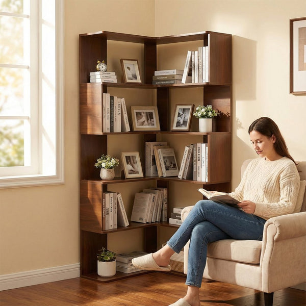 English Elm 6 Tier Corner Bookcase Tall L Shaped Walnut Mdf Open Shelving Unit for Home Office W3204P442028