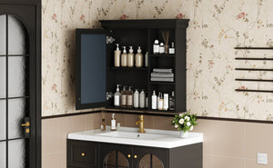 English Elm 30'' Wall-Mounted Medicine Cabinet with Mirror and Adjustable Shelves, Modern MDF Storage Organizer Black N710P209425B