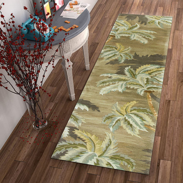 Homeroots 10' Moss Green Hand Tufted Tropical Trees Indoor Runner Rug  Wool 353003