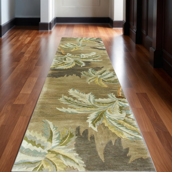 HomeRoots 5' Tropical Botanical Wool Area Rug in Moss Green and Yellow - Hand-Tufted Elegance for Your Home 10' Runner 353003