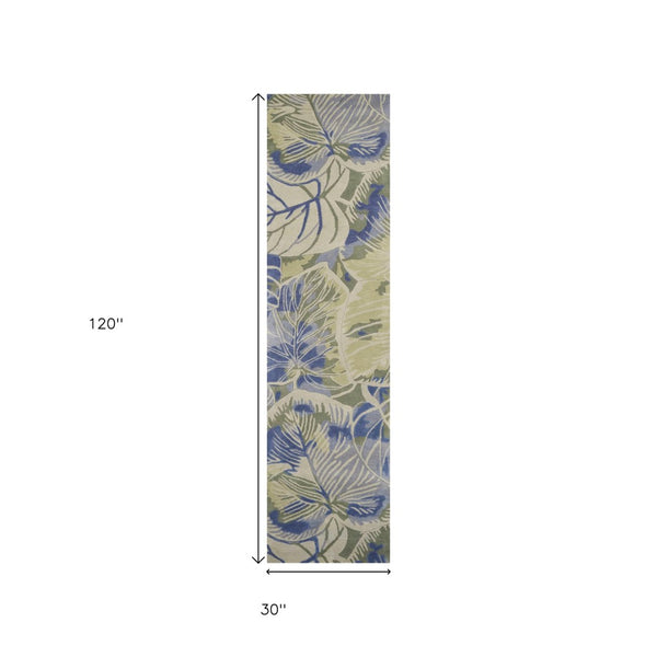 HomeRoots 5' Tropical Botanical Wool Area Rug in Blue Green Beige – Hand-Tufted, Stylish Comfort for Your Home 10' Runner 353004