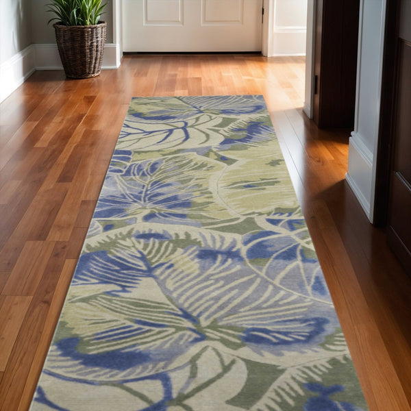 HomeRoots 5' Tropical Botanical Wool Area Rug in Blue Green Beige – Hand-Tufted, Stylish Comfort for Your Home 10' Runner 353004