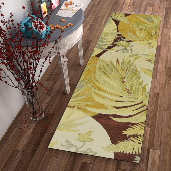 HomeRoots 5' Coral Green and Ivory Hand-Tufted Wool Area Rug with Tropical Botanical Design for Elegant Spaces 10' Runner 353005
