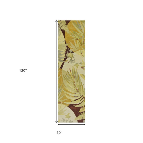HomeRoots 5' Coral Green and Ivory Hand-Tufted Wool Area Rug with Tropical Botanical Design for Elegant Spaces 10' Runner 353005