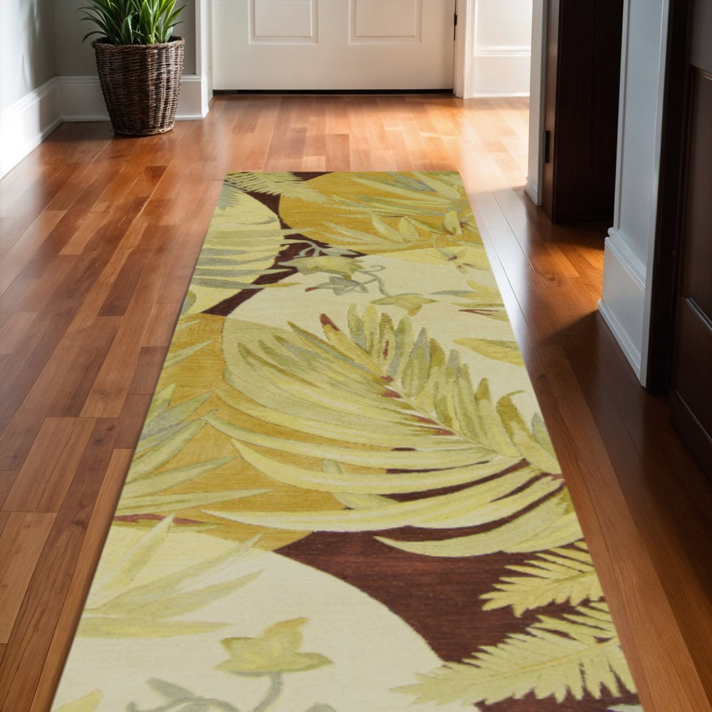 HomeRoots 5' Coral Green and Ivory Hand-Tufted Wool Area Rug with Tropical Botanical Design for Elegant Spaces 10' Runner 353005