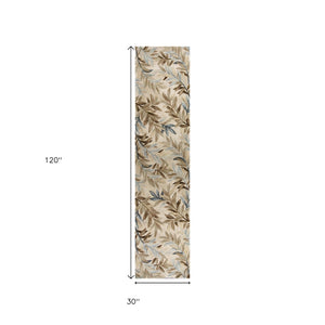 HomeRoots 5' Hand-Tufted Wool Area Rug with Botanical Leaves in Ivory, Brown, and Blue – Artisan Crafted Elegance 10' Runner 353006