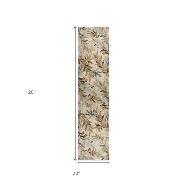 HomeRoots 5' Hand-Tufted Wool Area Rug with Botanical Leaves in Ivory, Brown, and Blue – Artisan Crafted Elegance 10' Runner 353006