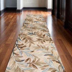 HomeRoots 5' Hand-Tufted Wool Area Rug with Botanical Leaves in Ivory, Brown, and Blue – Artisan Crafted Elegance 10' Runner 353006