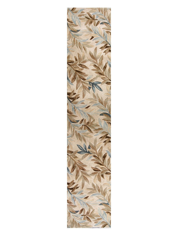 HomeRoots 5' Hand-Tufted Wool Area Rug with Botanical Leaves in Ivory, Brown, and Blue – Artisan Crafted Elegance 10' Runner 353006