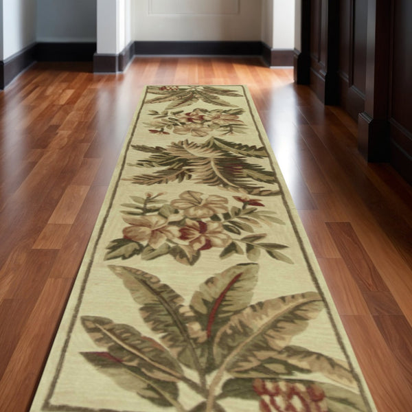HomeRoots 5' Tropical Botanical Wool Area Rug - Hand-Tufted Ivory, Green & Brown - Elegant Home Accent 10' Runner 353007