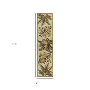 HomeRoots 5' Tropical Botanical Wool Area Rug - Hand-Tufted Ivory, Green & Brown - Elegant Home Accent 10' Runner 353007
