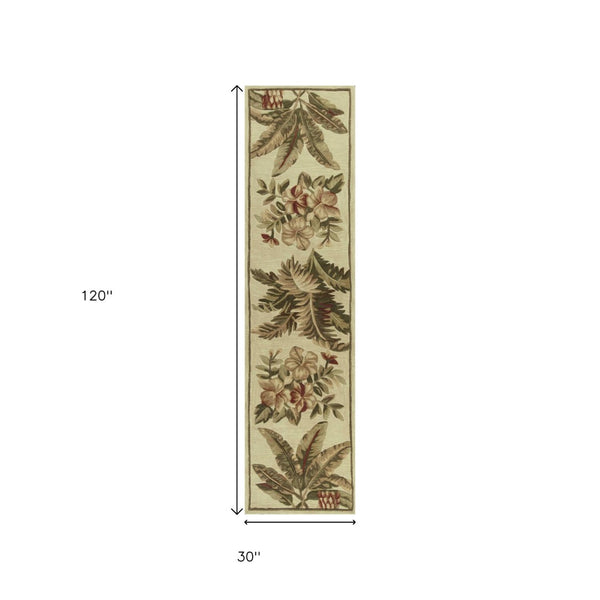 HomeRoots 5' Tropical Botanical Wool Area Rug - Hand-Tufted Ivory, Green & Brown - Elegant Home Accent 10' Runner 353007