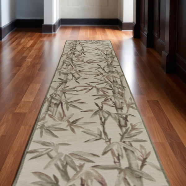 HomeRoots 5' Luxurious Hand-Tufted Wool Area Rug with Serene Botanical Leaf Design in Ivory, Green, Brown 10' Runner 353010