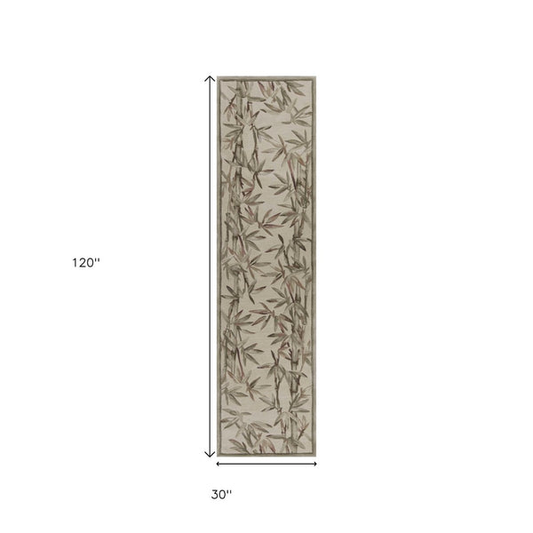 HomeRoots 5' Luxurious Hand-Tufted Wool Area Rug with Serene Botanical Leaf Design in Ivory, Green, Brown 10' Runner 353010
