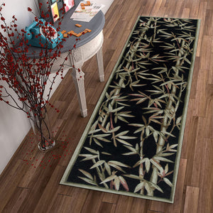 Homeroots 10' Black Hand Tufted Bordered Tropical Bamboo Indoor Runner Rug  Wool 353011