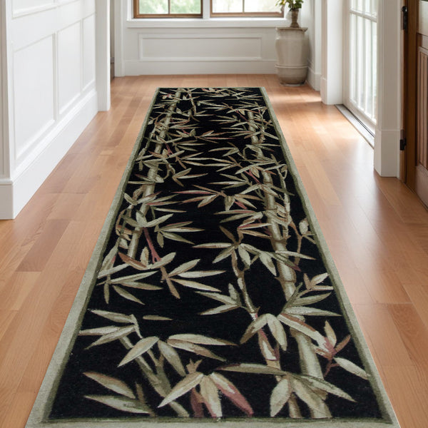 Homeroots 10' Black Hand Tufted Bordered Tropical Bamboo Indoor Runner Rug  Wool 353011