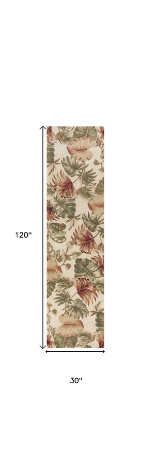 HomeRoots 5' Wool Botanical Leaves Hand-Tufted Area Rug in Beige, Green & Pink - Artisanal Charm for Your Home 10' Runner 353012