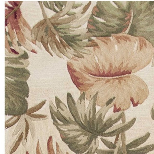 HomeRoots 5' Wool Botanical Leaves Hand-Tufted Area Rug in Beige, Green & Pink - Artisanal Charm for Your Home 10' Runner 353012