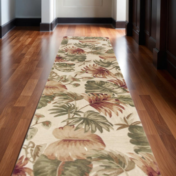 HomeRoots 5' Wool Botanical Leaves Hand-Tufted Area Rug in Beige, Green & Pink - Artisanal Charm for Your Home 10' Runner 353012