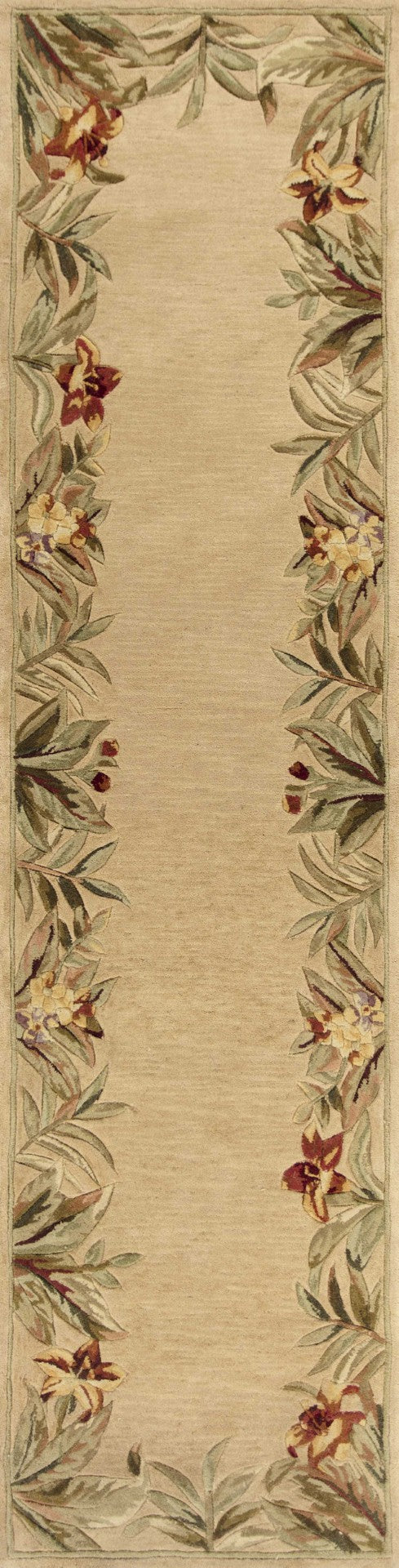 HomeRoots 5' Hand-Tufted Wool Area Rug with Tropical Floral Design – Luxurious Beige, Red & Green Elegance 10' Runner 353013