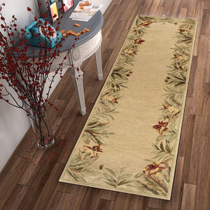 HomeRoots 5' Hand-Tufted Wool Area Rug with Tropical Floral Design – Luxurious Beige, Red & Green Elegance 10' Runner 353013