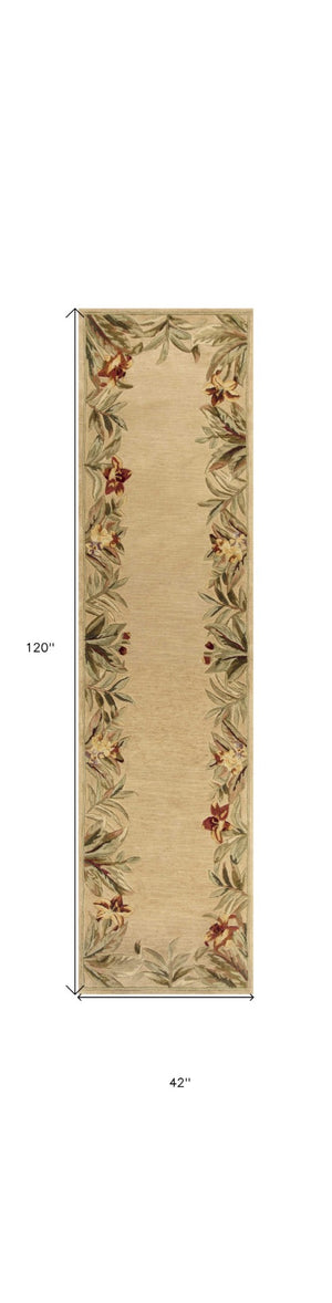 HomeRoots 5' Hand-Tufted Wool Area Rug with Tropical Floral Design – Luxurious Beige, Red & Green Elegance 10' Runner 353013