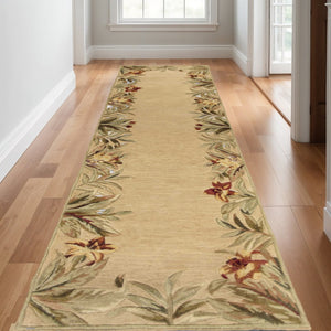 HomeRoots 5' Hand-Tufted Wool Area Rug with Tropical Floral Design – Luxurious Beige, Red & Green Elegance 10' Runner 353013