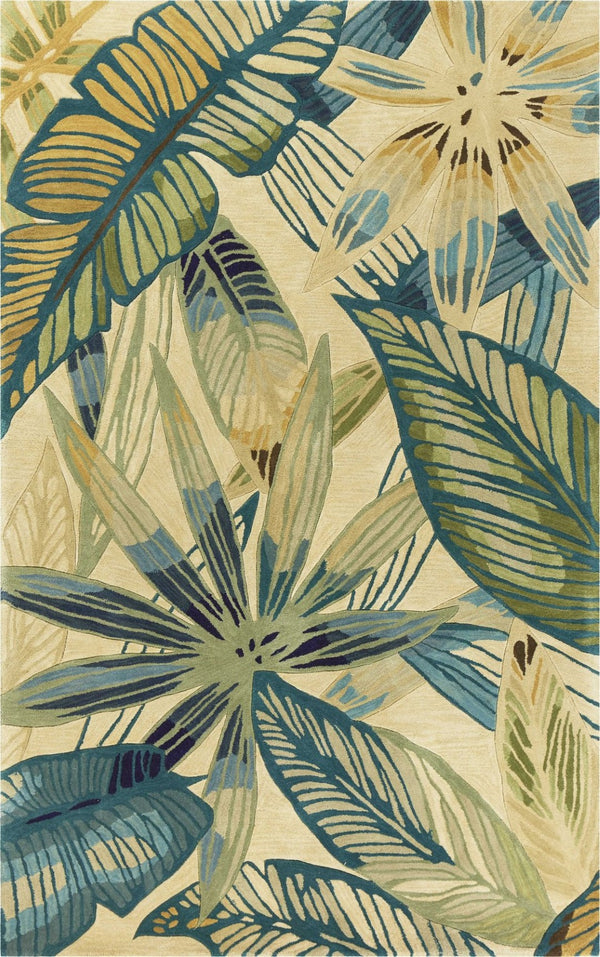 HomeRoots 5' Tropical Botanical Hand-Tufted Area Rug in Ivory, Teal & Green - Soft Wool for Cozy Spaces 10' Runner 353015