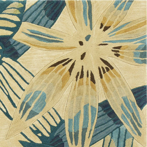 HomeRoots 5' Tropical Botanical Hand-Tufted Area Rug in Ivory, Teal & Green - Soft Wool for Cozy Spaces 10' Runner 353015
