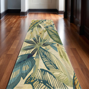 HomeRoots 5' Tropical Botanical Hand-Tufted Area Rug in Ivory, Teal & Green - Soft Wool for Cozy Spaces 10' Runner 353015