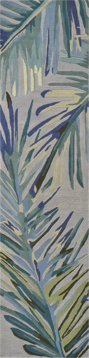 Homeroots 2' X 10' Grey Or Blue Tropical Leaves Wool Indoor Runner Rug  Wool 353016