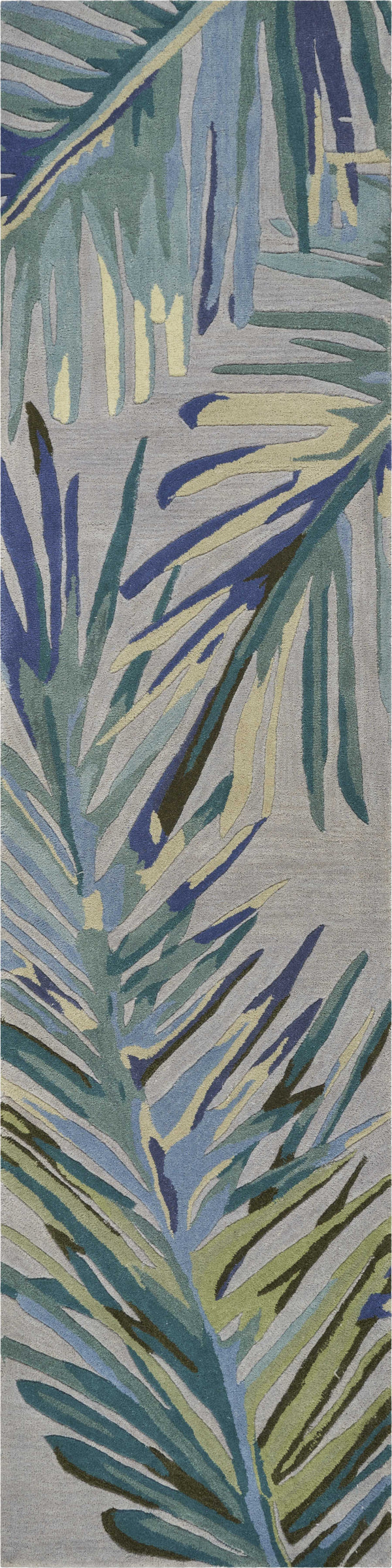 Homeroots 2' X 10' Grey Or Blue Tropical Leaves Wool Indoor Runner Rug  Wool 353016