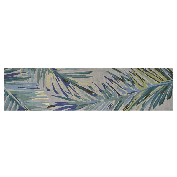 Homeroots 2' X 10' Grey Or Blue Tropical Leaves Wool Indoor Runner Rug  Wool 353016