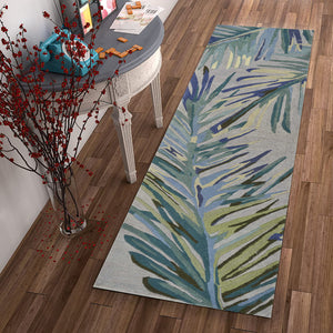 Homeroots 2' X 10' Grey Or Blue Tropical Leaves Wool Indoor Runner Rug  Wool 353016