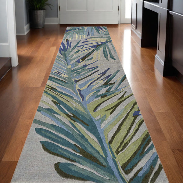 Homeroots 2' X 10' Grey Or Blue Tropical Leaves Wool Indoor Runner Rug  Wool 353016